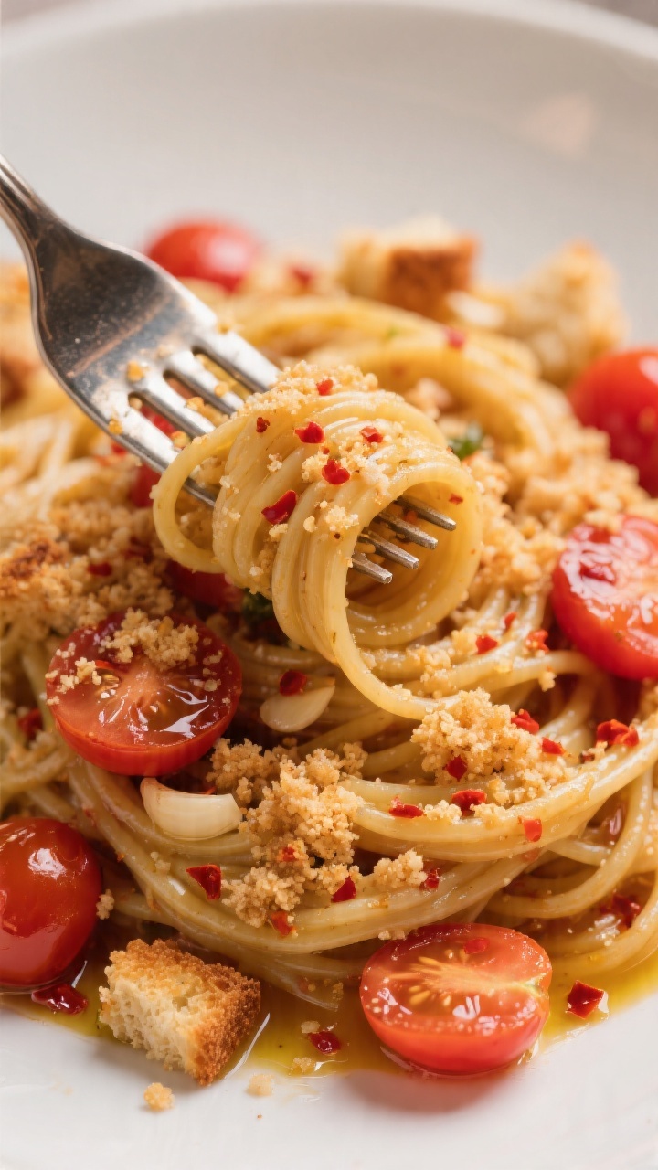 Close-up of cherry tomato bruschetta pasta: spaghetti strands cloaked in garlicky olive oil with halved cherry tomatoes and red pepper flakes; coarse day-old bread crumbs toasted golden scattered over; a fork twirl catching tomatoes and crumbs; warm, inviting tones.
