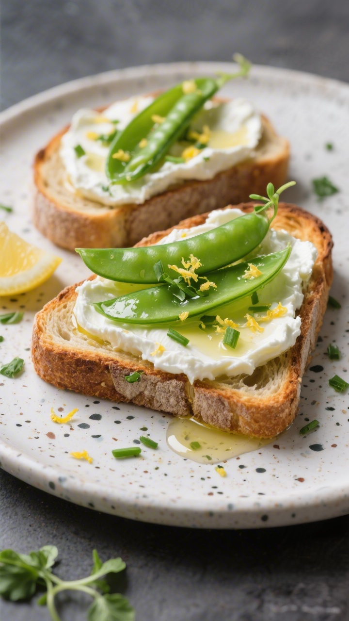 30 Spring Recipes That Are Light, Fresh & Full of Flavor You’ll Make on Repeat Close-up of herbed ricotta toast: thick sourdough slices toasted, slathered with whole-milk ricotta mixed with lemon zest, lemon juice, chopped chives and parsley, drizzled with olive oil, topped with thinly sliced snap peas and a few pea shoots; set on a speckled ceramic board.