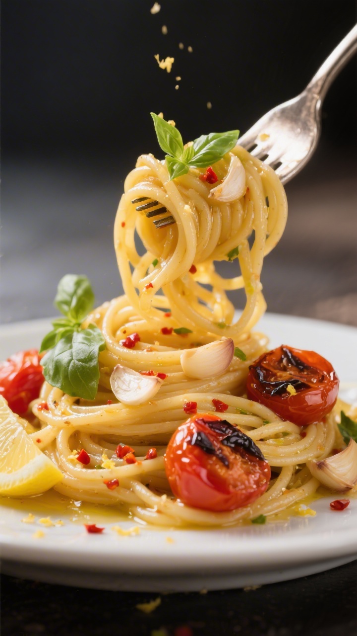 30 Spring Recipes That Are Light, Fresh & Full of Flavor You’ll Make on Repeat Close-up pasta twirl: spaghetti coated in silky olive oil with blistered cherry tomatoes, slivers of garlic, a hint of red pepper flakes, finished with pasta water emulsion, lemon zest and juice, and torn basil leaves; one fork twirl lifted to show sheen.