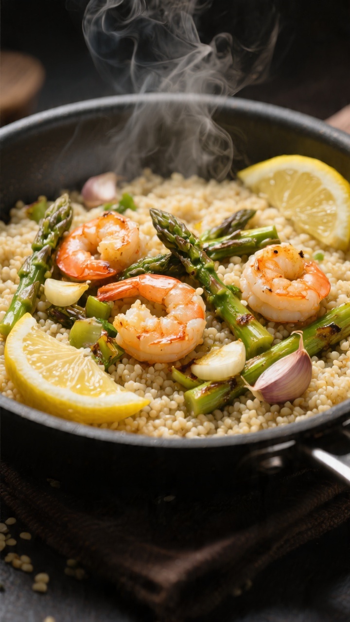 Close-up skillet scene of lemon-garlic shrimp couscous: fluffy couscous with olive oil and tender shrimp nestled with chopped leftover grilled asparagus; sliced garlic visible, lemon wedges at the rim; steam rising, golden highlights.