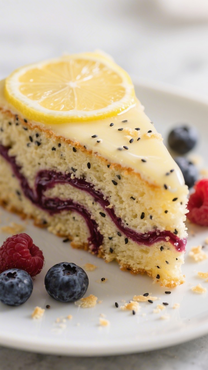 30 Spring Recipes That Are Light, Fresh & Full of Flavor You’ll Make on Repeat Close-up slice of lemon-poppy seed yogurt cake: moist crumb flecked with poppy seeds, glossy berry swirl ribboned through the slice, a thin lemon glaze sheen on top, crumbs on the plate, and fresh berries scattered around.