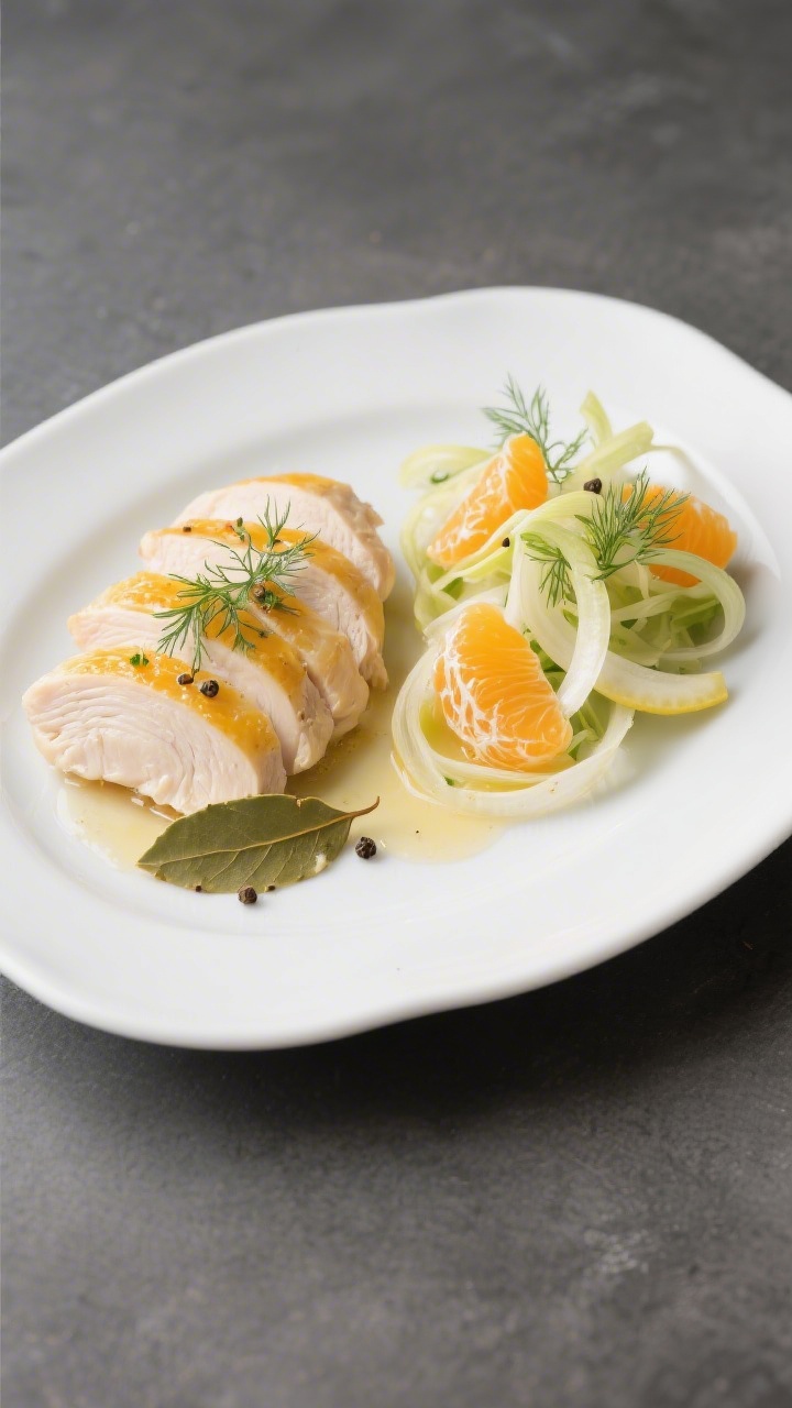 30 Spring Recipes That Are Light, Fresh & Full of Flavor You’ll Make on Repeat Minimalist 45-degree poached chicken plate: tender slices of citrus-poached chicken (orange juice, lemon juice, bay leaf, peppercorns, salt) served alongside a fennel and orange salad with thin fennel ribbons, orange segments, and light lemony dressing; sprinkled with fennel fronds.