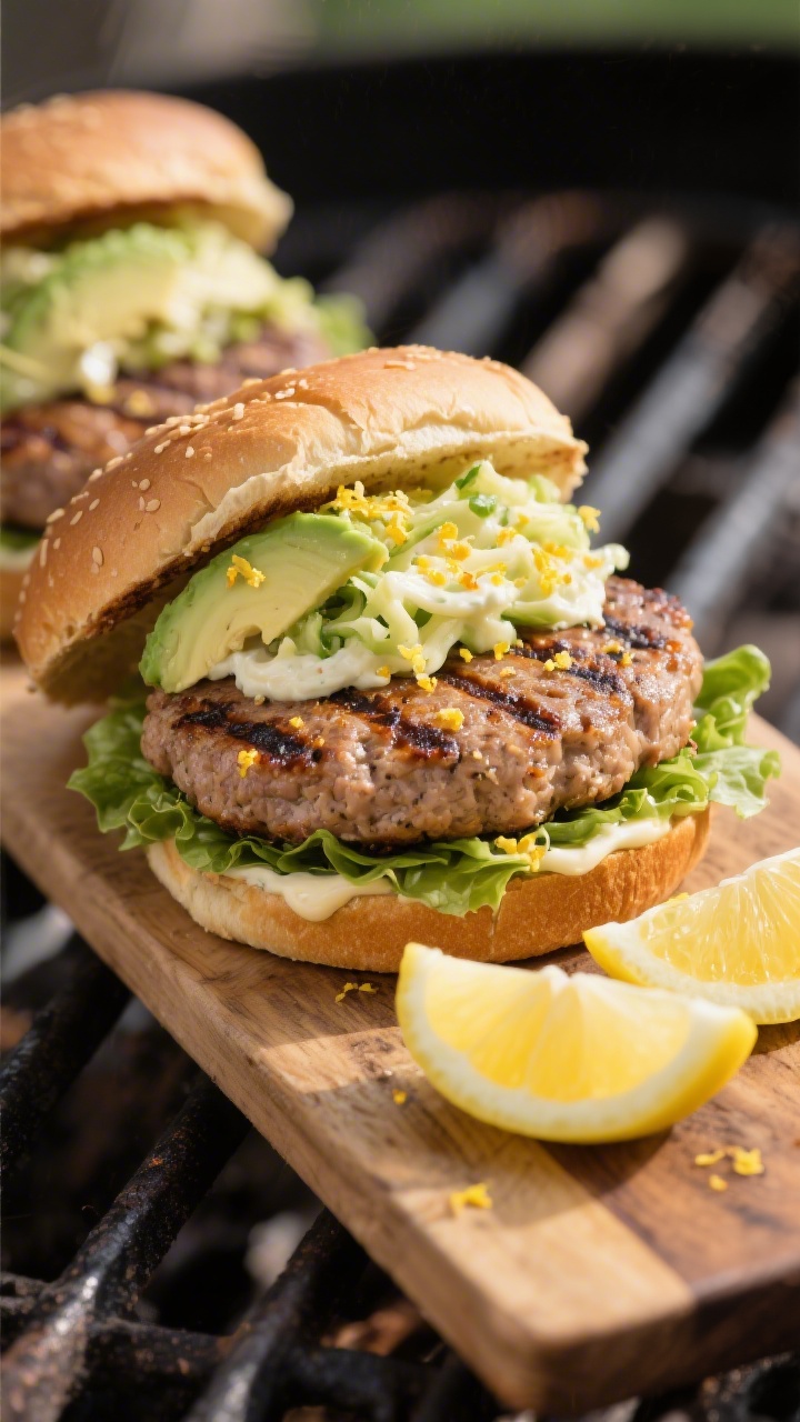 30 Spring Recipes That Are Light, Fresh & Full of Flavor You’ll Make on Repeat Outdoor grill-inspired 45-degree burger shot: juicy lemon-pepper turkey burger patties with grill marks on whole-wheat buns, topped with a creamy avocado slaw, a smear of lemony mayo, and crisp lettuce; lemon zest flecks on the patty, set on a wooden board with lemon wedges.
