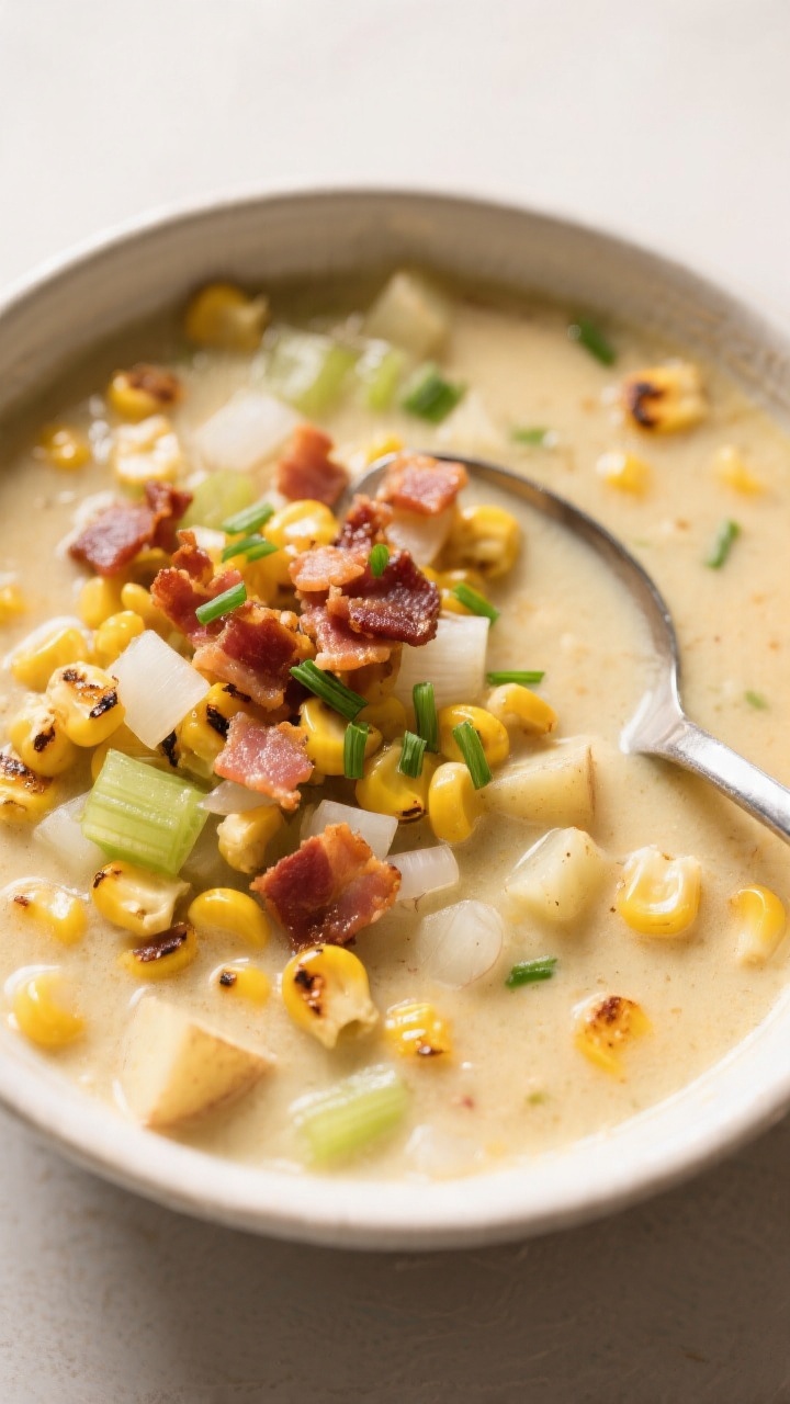 Overhead bowl of smoky corn and bacon chowder, served warm: grilled corn kernels dotting a creamy broth with diced onion, celery, and small-diced potato; crumbled bacon sprinkled generously; spoon resting in the bowl; optional garnish of chives; cozy yet summery on a neutral backdrop.