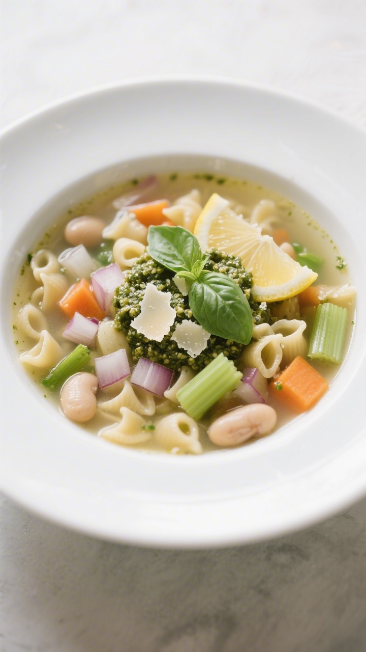 30 Spring Recipes That Are Light, Fresh & Full of Flavor You’ll Make on Repeat Overhead bowl of spring minestrone: light broth brimming with diced onion, carrots, and celery, small pasta shapes, cannellini beans, and tender green vegetables; a dollop of pesto swirled in with a squeeze of lemon, garnished with Parmesan and torn basil on a white soup bowl.