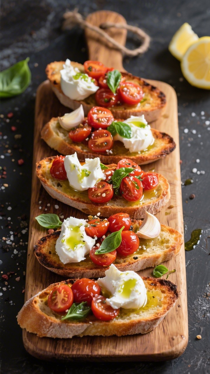 30 Spring Recipes That Are Light, Fresh & Full of Flavor You’ll Make on Repeat Overhead bruschetta board: toasted baguette slices rubbed with halved garlic, piled with burst cherry tomatoes cooked in olive oil, salt and pepper; torn burrata dollops on top, finished with vivid green basil oil and a hint of lemon juice.