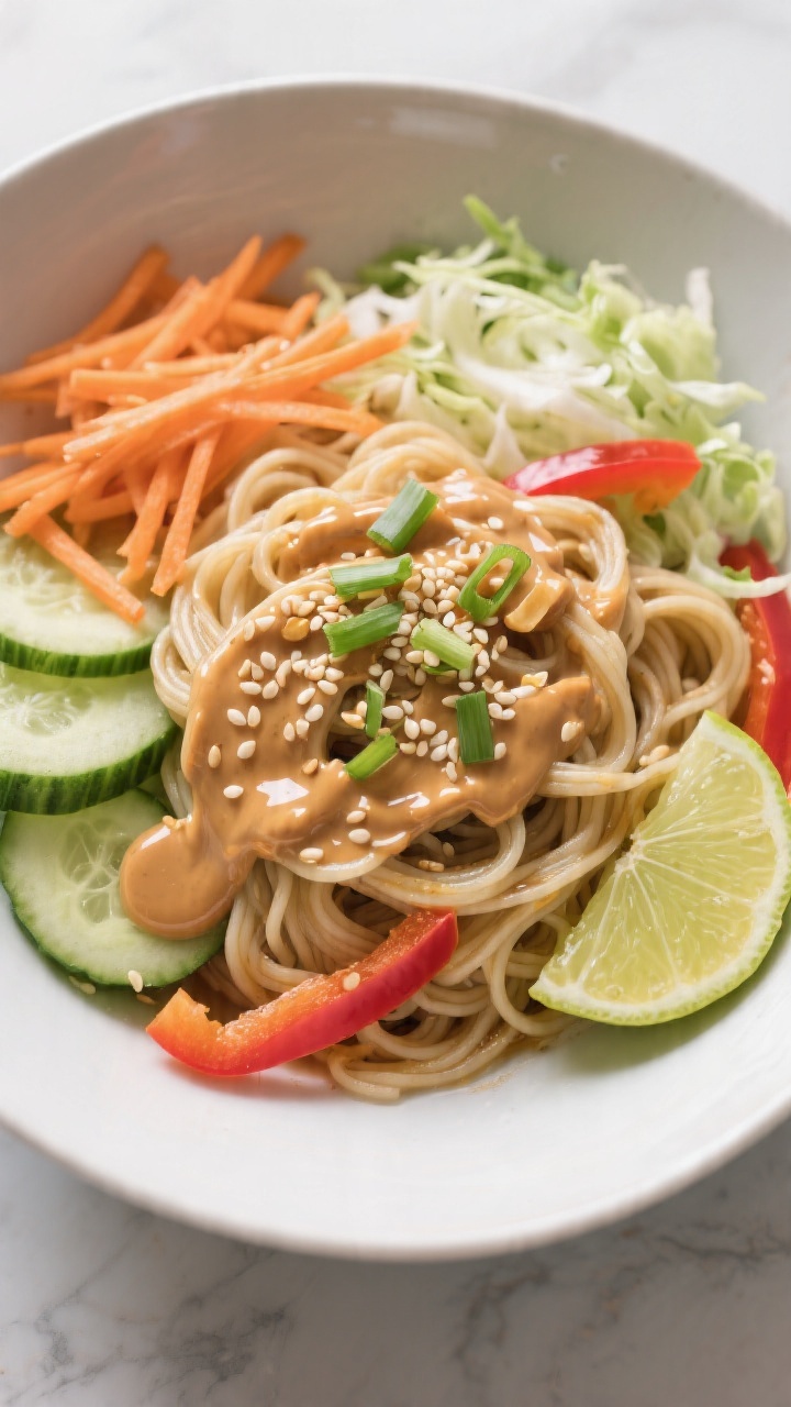 Overhead chilled peanut noodle bowl: cold noodles nested with shredded carrot, thin cucumber slices, shredded cabbage, and bell pepper strips; scallions sprinkled and a glossy peanut sauce drizzled artistically; sesame seeds and lime wedge on the side; crisp, refreshing look.