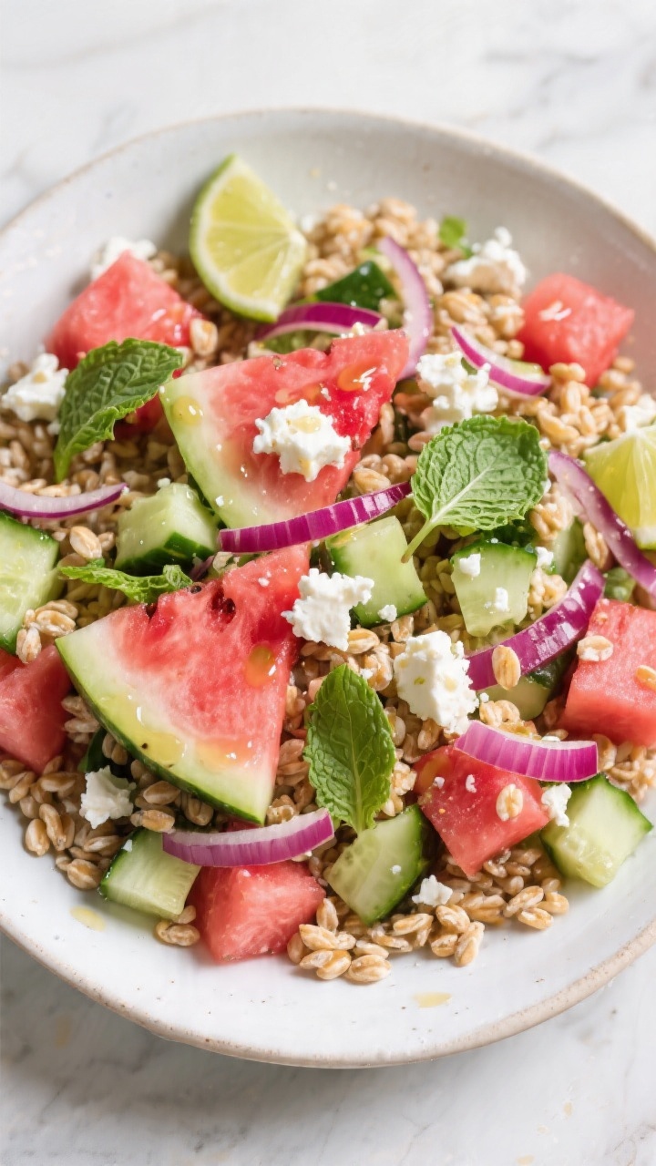 Overhead composed salad of watermelon, feta, and farro: chewy farro base with juicy watermelon cubes, chopped cucumber, thin red onion slivers, crumbled feta, and torn mint; lime-mint dressing gloss; crisp, high-contrast colors.