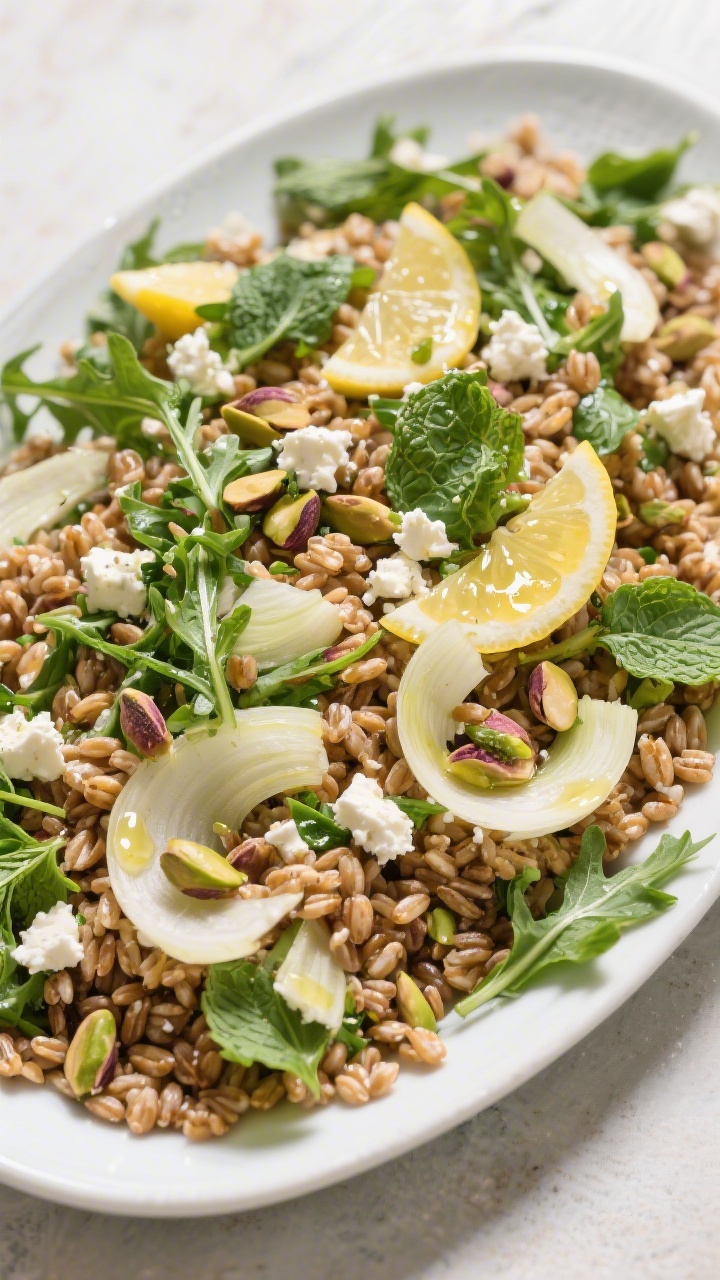 30 Spring Recipes That Are Light, Fresh & Full of Flavor You’ll Make on Repeat Overhead farro salad on a wide platter: nutty farro tossed with very thinly sliced fennel, arugula, chopped parsley and mint, toasted pistachios, and optional crumbled feta; glossy with a lemony dressing, fennel fronds scattered for texture and freshness.