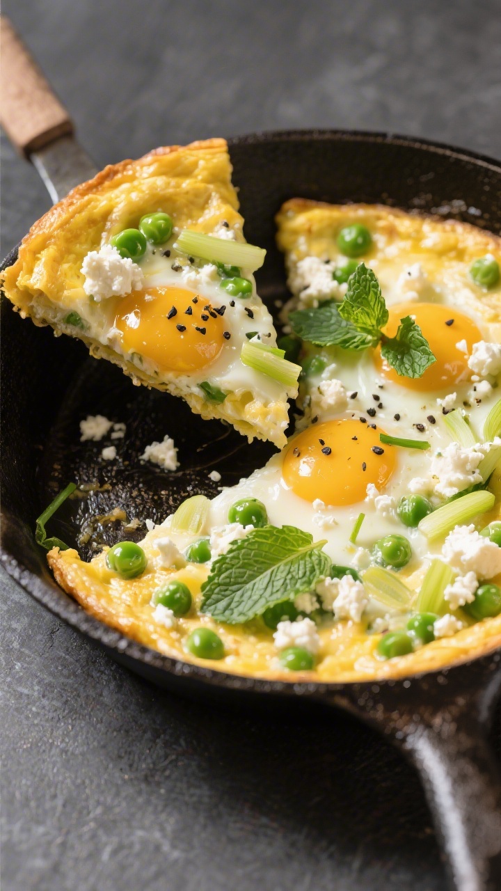 30 Spring Recipes That Are Light, Fresh & Full of Flavor You’ll Make on Repeat Overhead frittata in a cast-iron pan: custardy, puffed eggs speckled with peas, crumbled feta, chopped mint, and sliced scallions; golden edges with a glossy, just-set center, a wedge slightly lifted to reveal tender texture, black pepper sprinkled on top.
