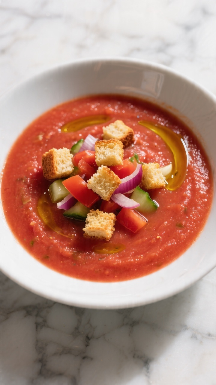 Overhead gazpacho in a chilled bowl: silky red soup of tomatoes, cucumber, red bell pepper, red onion, garlic, olive oil, and red wine vinegar; topped with golden croutons from stale bread and a drizzle of olive oil; cool, refreshing styling on marble.