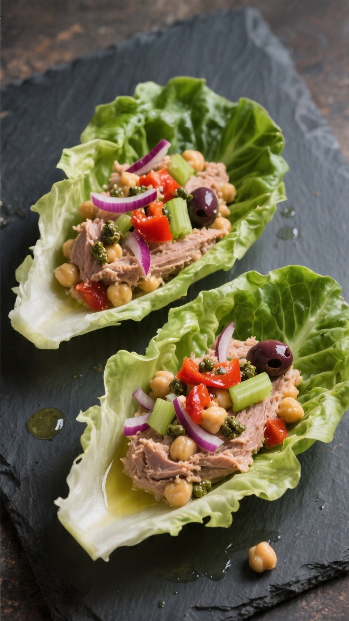 Overhead lettuce boats on a slate: crisp leaves filled with mashed chickpea “tuna” studded with red onion, celery, roasted red pepper, chopped olives, and optional capers; light olive oil sheen; minimal, fresh Mediterranean palette.