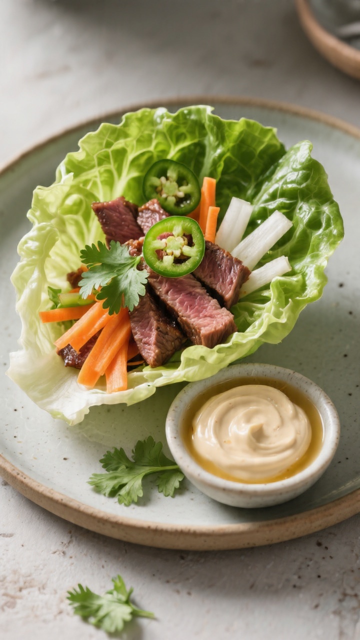 Overhead lettuce cup arrangement: butter lettuce filled with thinly sliced leftover steak, quick-pickled carrot and daikon, cilantro leaves, and jalapeño rings; a small bowl of mayo mixed with a splash of fish sauce on the side; crisp, bright, and tidy.