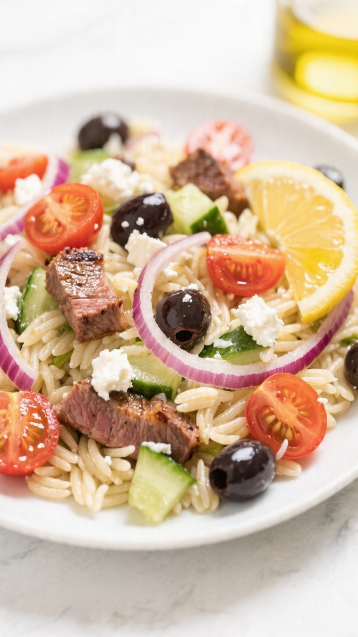 Overhead Mediterranean-style orzo salad: cooled orzo tossed with chopped cucumber, halved cherry tomatoes, thin red onion slices, Kalamata olive halves, crumbled feta, and leftover steak bites seared edges visible; lemon wedge and olive oil drizzle; bright, clean styling.