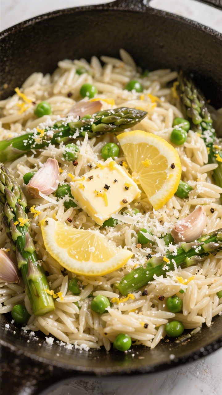 30 Spring Recipes That Are Light, Fresh & Full of Flavor You’ll Make on Repeat Overhead orzo skillet: glossy lemon-Parmesan orzo studded with small asparagus pieces and peas, two curls of butter melting in, flecks of garlic visible, brightened with lemon zest and a squeeze of lemon juice, finished with a heavy snowfall of grated Parmesan and cracked pepper.