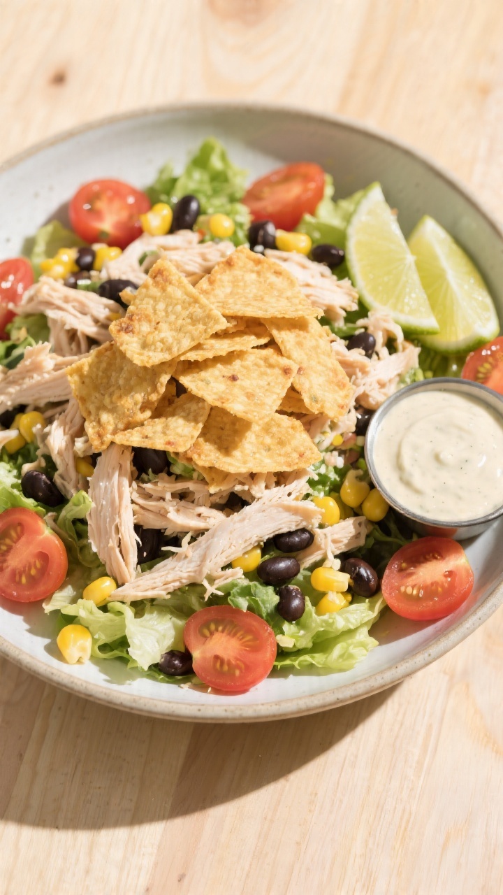 Overhead shot of a vibrant crispy tortilla chicken salad in a wide, shallow bowl: leftover shredded chicken atop chopped romaine, corn kernels, black beans, and halved cherry tomatoes, crowned with crunchy tortilla strips; lime wedges and a small ramekin of creamy dressing on the side; bright, sunlit summer vibe on a light wood surface.