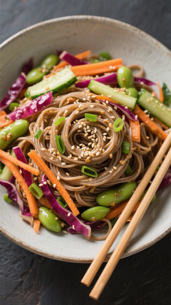 30 Spring Recipes That Are Light, Fresh & Full of Flavor You’ll Make on Repeat Overhead soba noodle salad in a shallow bowl: tangle of earthy soba noodles with vivid shredded carrots, thin red cabbage, cucumber matchsticks, edamame, and sliced scallions, dressed with a miso-ginger sheen; sprinkled with sesame seeds, chopsticks resting alongside.
