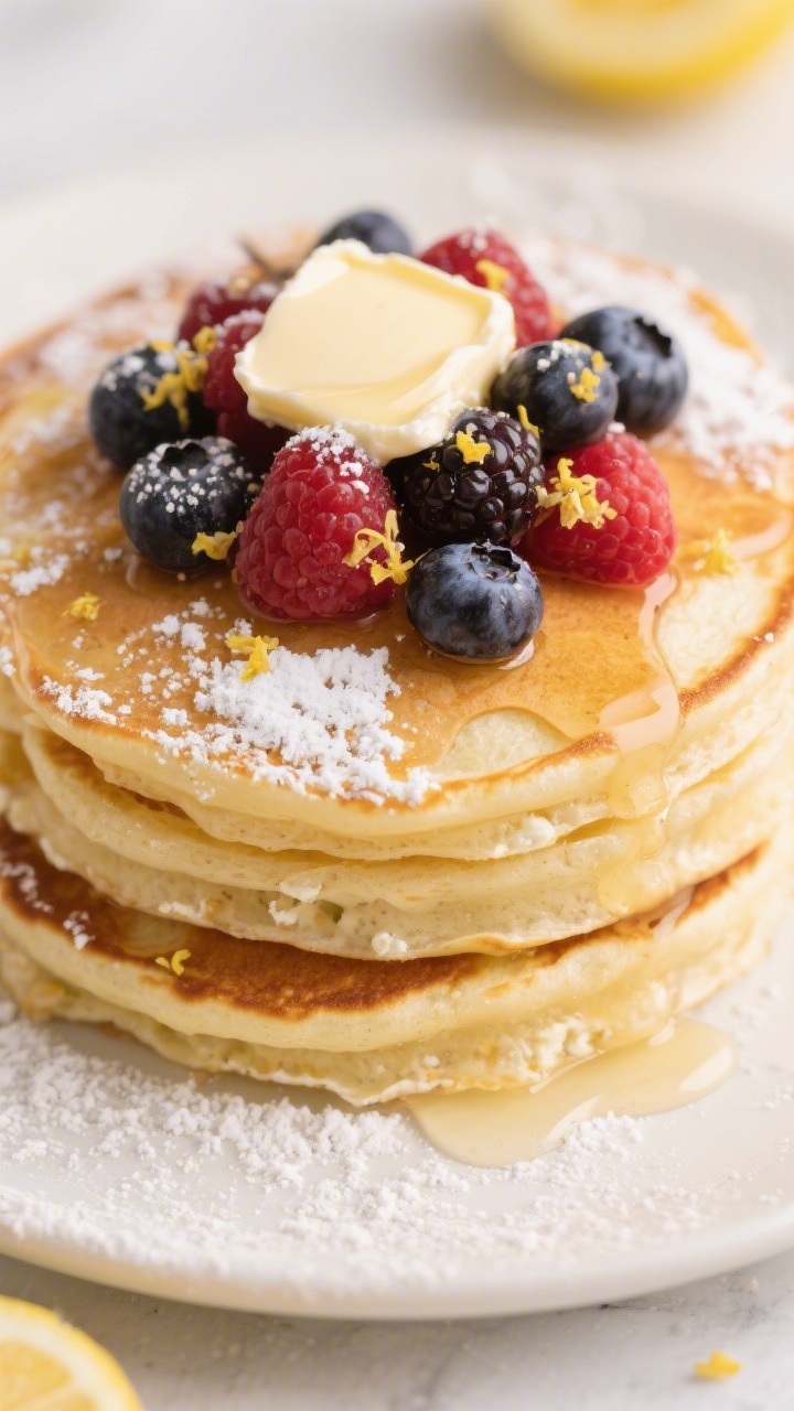 30 Spring Recipes That Are Light, Fresh & Full of Flavor You’ll Make on Repeat Overhead stack of lemon-ricotta pancakes: fluffy, golden pancakes showing airy texture, scented with vanilla and lemon zest, topped with macerated mixed berries and their syrup, a dusting of powdered sugar, and a small pat of butter beginning to melt.