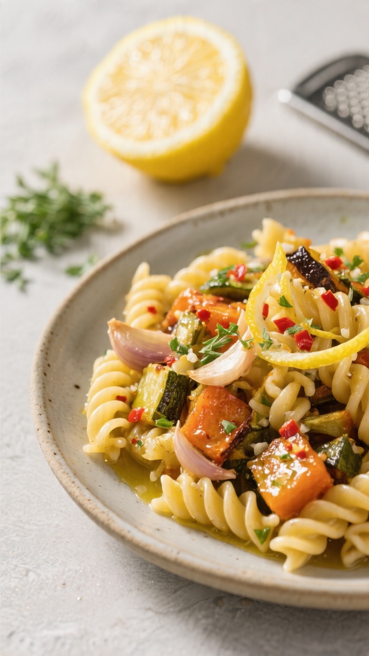 Plated 45-degree shot of zesty lemon-herb pasta: short fusilli tossed with chopped leftover roasted vegetables, glossy olive oil, flecks of red pepper, lemon zest ribbons, and minced garlic speckles; lemon half and microplane nearby; served in a shallow pasta bowl with a bright, fresh aura.