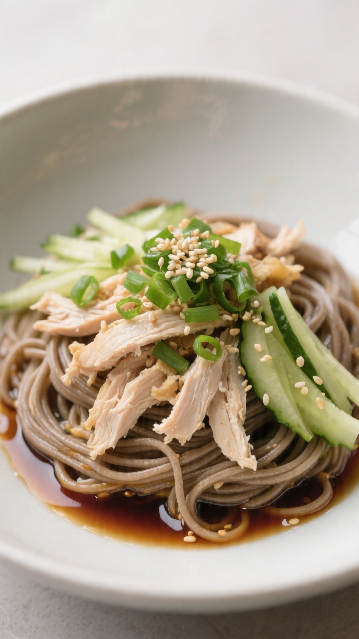 Plated chilled soba bowl, 45-degree angle: soba noodles with shredded leftover chicken, julienned cucumber, sliced scallions, and sesame seeds; glossy ginger-soy dressing pooling lightly at the bottom; minimal, Zen composition.