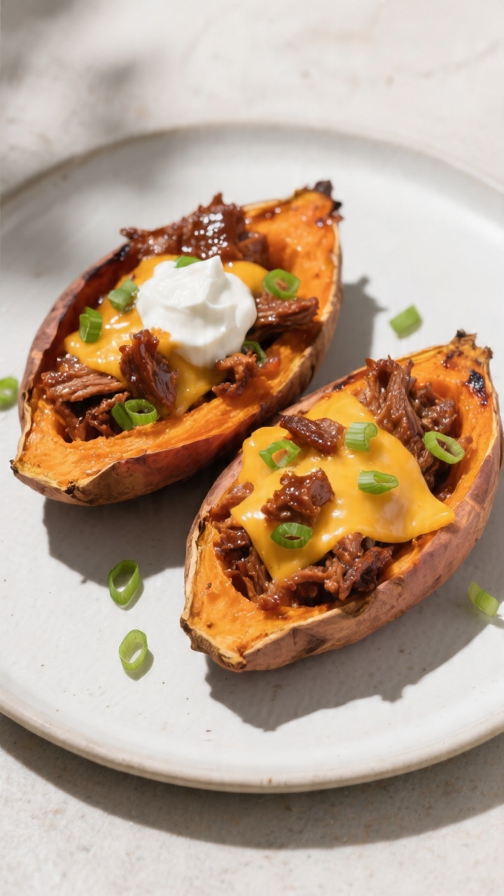 Plated split sweet potatoes, 45-degree angle: roasted sweet potatoes stuffed with saucy BBQ pulled pork, melted cheddar, scallion slices scattered; a small dollop of sour cream or Greek yogurt on top; sticky, smoky gloss and vivid orange flesh.