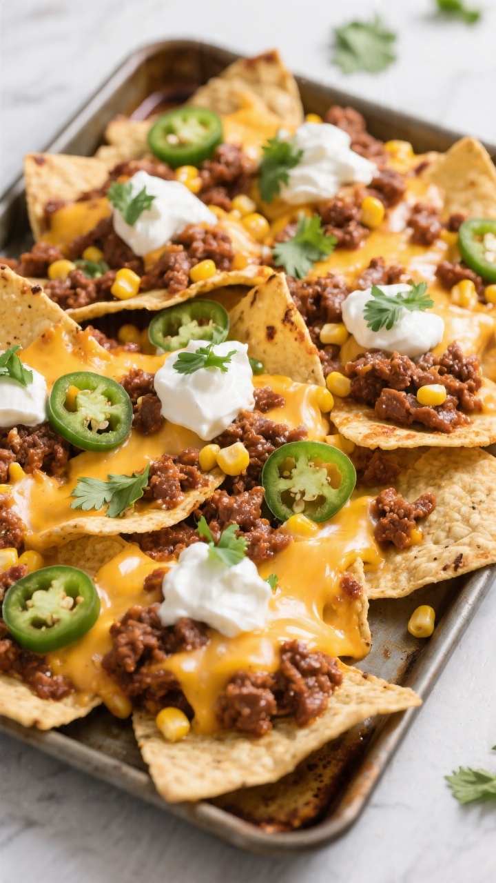 Sheet-pan nachos at a 45-degree angle: tortilla chips loaded with leftover chili (or taco meat), melted cheddar and Monterey Jack, corn kernels, sliced jalapeños, and dollops of sour cream; cilantro sprinkled; broiler-blistered cheese, messy and irresistible.