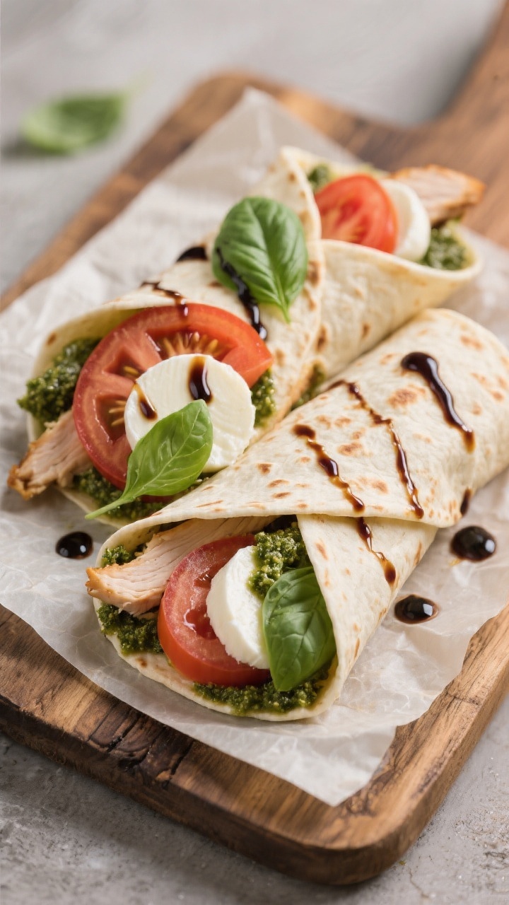 Straight-on hero shot of caprese chicken wraps sliced on the bias: tortillas snugly holding leftover chicken, ripe tomato slices, fresh mozzarella rounds, whole basil leaves, and visible streaks of pesto; glossy balsamic drizzle on top; set on parchment over a rustic board.