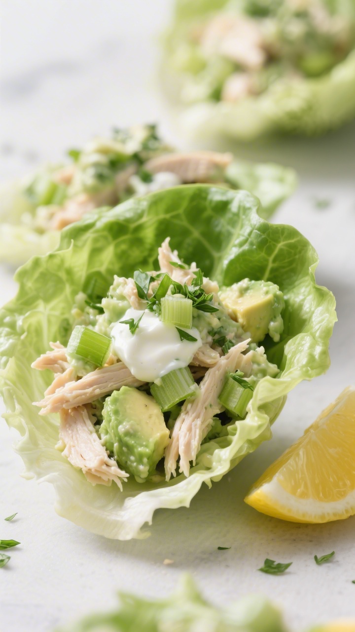 30 Spring Recipes That Are Light, Fresh & Full of Flavor You’ll Make on Repeat Straight-on lettuce cups: crisp butter lettuce filled with creamy avocado green goddess chicken salad—shredded chicken, mashed avocado, Greek yogurt, lemon juice, chopped herbs, finely diced celery, and sliced scallions—garnished with extra herbs and lemon wedges on the side.
