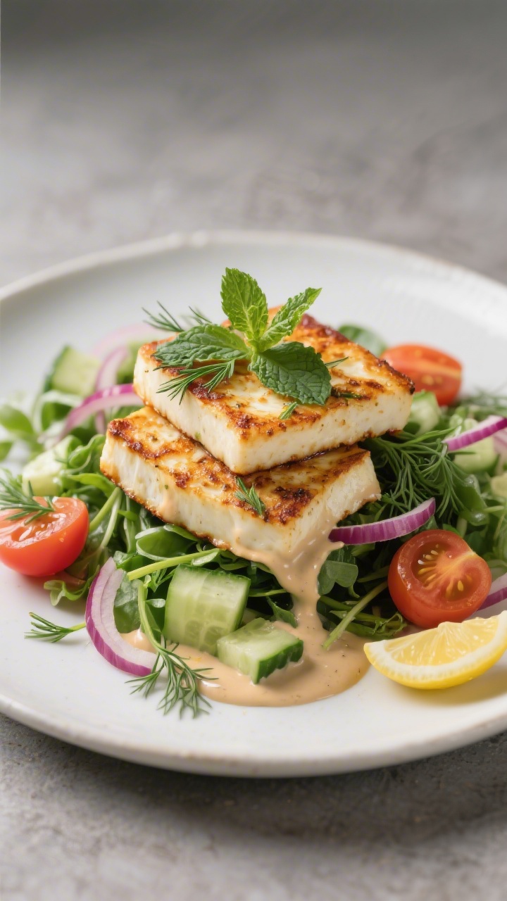 30 Spring Recipes That Are Light, Fresh & Full of Flavor You’ll Make on Repeat Straight-on plate of crispy halloumi: thick halloumi slices seared to deep golden crust, stacked over mixed spring greens with chopped cucumber and halved cherry tomatoes, strewn with fresh dill and mint, thinly sliced red onion, and drizzled with creamy lemon-tahini dressing.