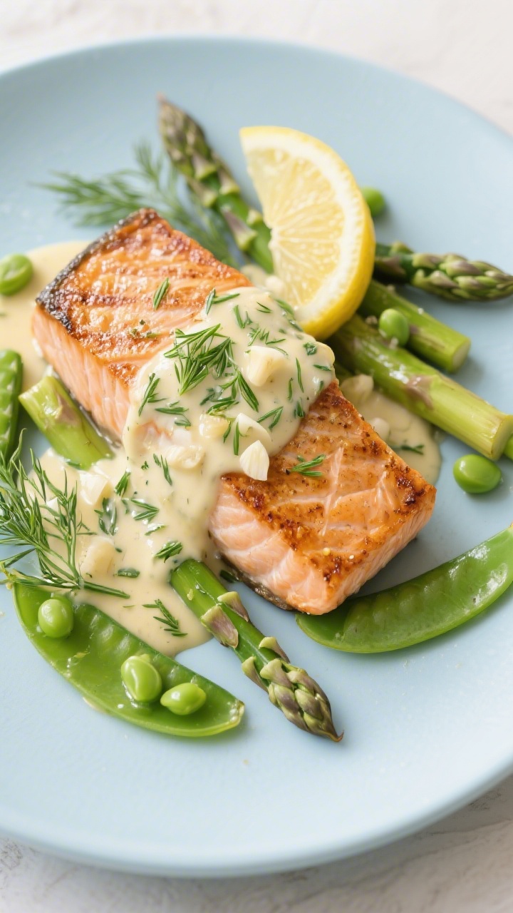 30 Spring Recipes That Are Light, Fresh & Full of Flavor You’ll Make on Repeat Straight-on plated salmon: seared skin-on fillets napped in a creamy lemon-dill sauce with minced garlic, surrounded by spring veggies—crisp asparagus tips and sweet peas—glossed with butter, finished with fresh dill fronds and lemon wedges on a pale blue plate.