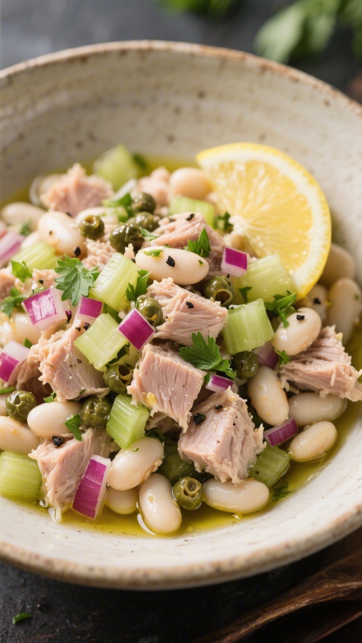 30 Spring Recipes That Are Light, Fresh & Full of Flavor You’ll Make on Repeat Straight-on rustic bowl of white bean and tuna salad: cannellini beans and tuna in olive oil tossed with diced celery, minced red onion, briny capers, chopped parsley, lemon juice and zest, black pepper; finished with an extra drizzle of olive oil and lemon wedge.
