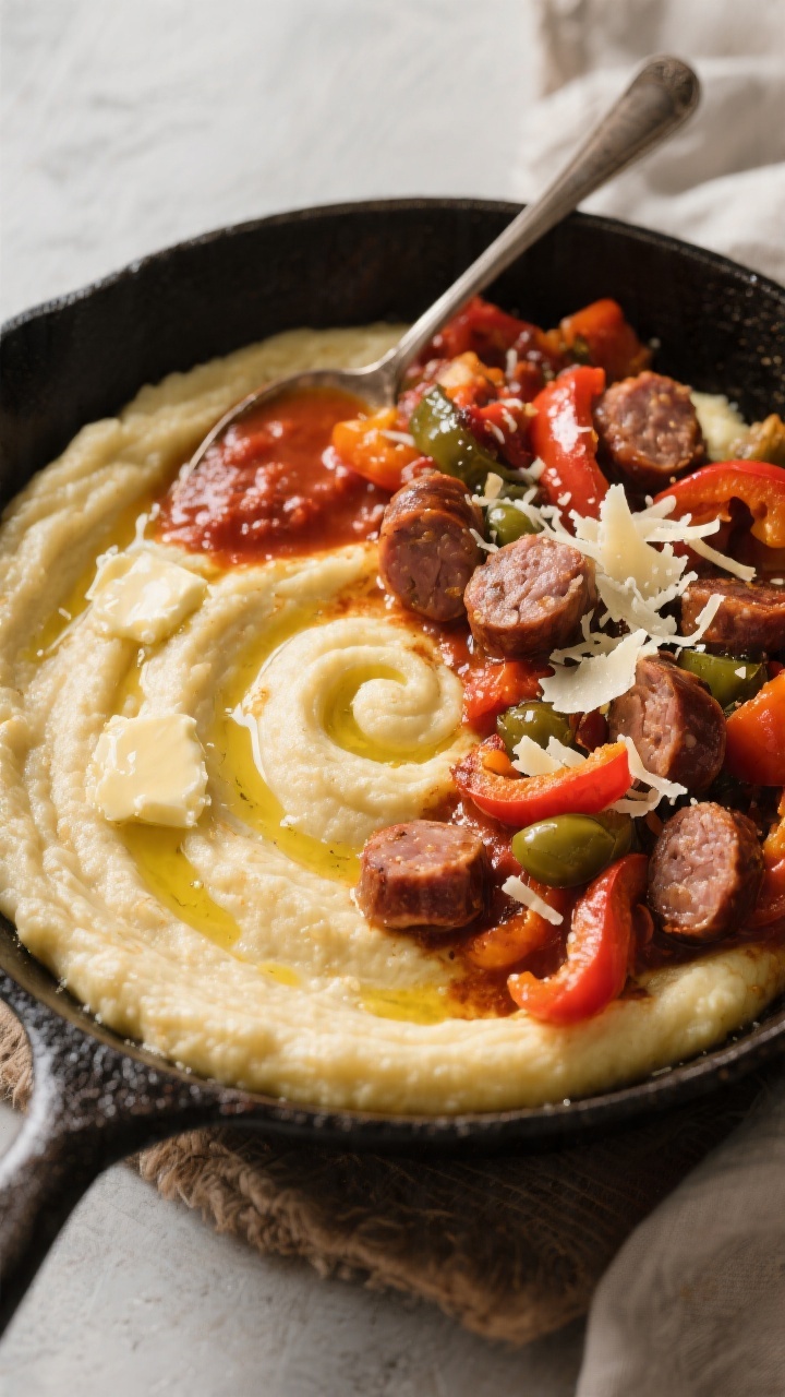 Straight-on rustic skillet of sausage, peppers, and polenta: creamy polenta swirled with butter and Parmesan, topped with sliced leftover sausages and peppers, spooned over with warm marinara; olive oil drizzle and Parmesan shavings; hearty and homey.