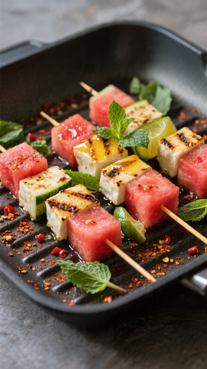 Straight-on skewers on a grill pan: alternating cubes of watermelon and halloumi brushed with olive oil, lime, honey, and chili powder; light char marks, a dusting of chili, torn mint scattered over; glossy, sweet-spicy sheen.