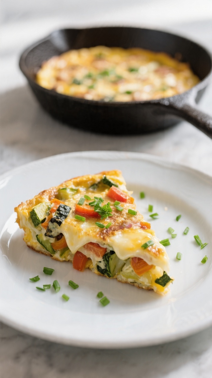 Straight-on slice of veggie frittata: wedge on a plate showing layers of leftover cooked vegetables and pockets of melted cheese; flecks of chopped chives and parsley on top; whole frittata in a cast-iron pan in the background; bright morning light.