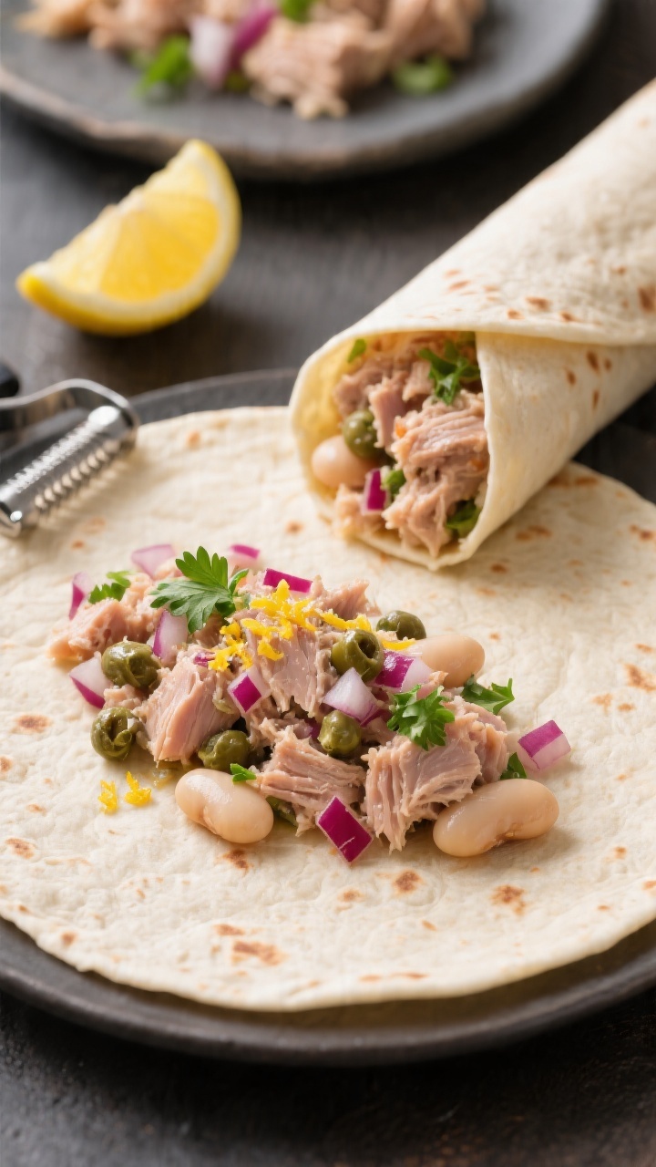 Straight-on wrap assembly scene: tortillas laid open with a mound of tuna mixed with white beans, finely diced red onion, capers, chopped parsley, and bright lemon zest; lemon half and zester nearby; a neat, tight roll partially folded to show filling texture.