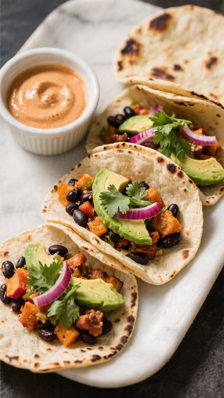 Street-style taco trio, overhead: small tortillas piled with chopped leftover roasted vegetables, black beans, avocado slices, thin red onion, and cilantro; a ramekin of chipotle yogurt alongside; charred tortilla edges, colorful and casual.