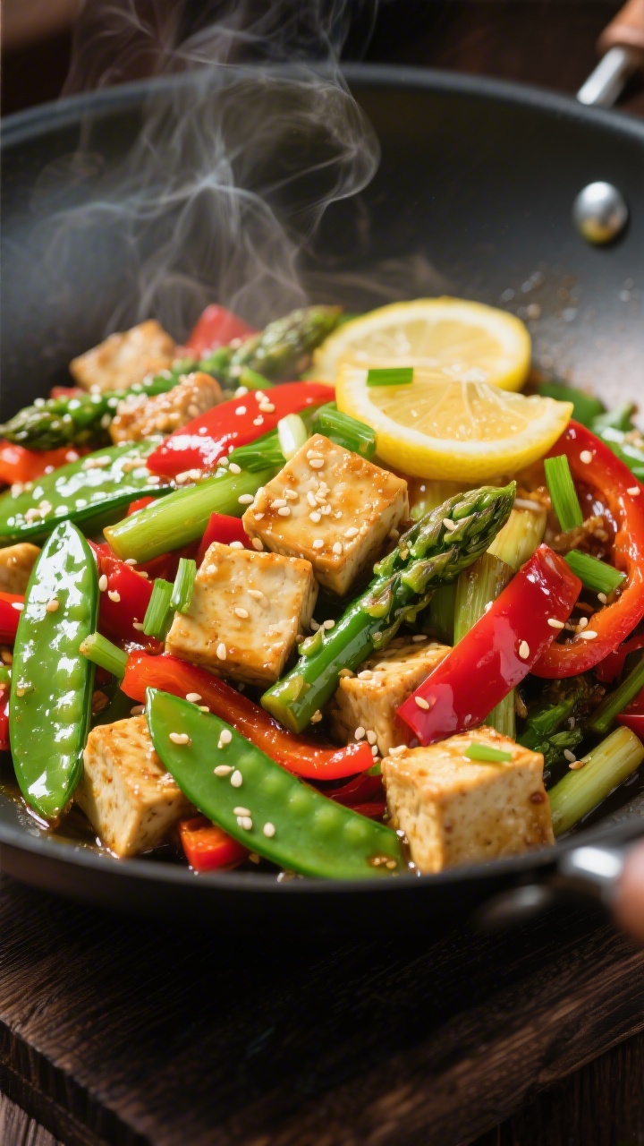 30 Spring Recipes That Are Light, Fresh & Full of Flavor You’ll Make on Repeat Wok-side 45-degree stir-fry: crisp-edged lemon tofu cubes (cornstarch-dusted) tossed with snap peas, sliced asparagus, red bell pepper strips, and scallions in a glossy, citrusy sauce; steam rising, sesame seeds sprinkled, bright green and red colors popping.
