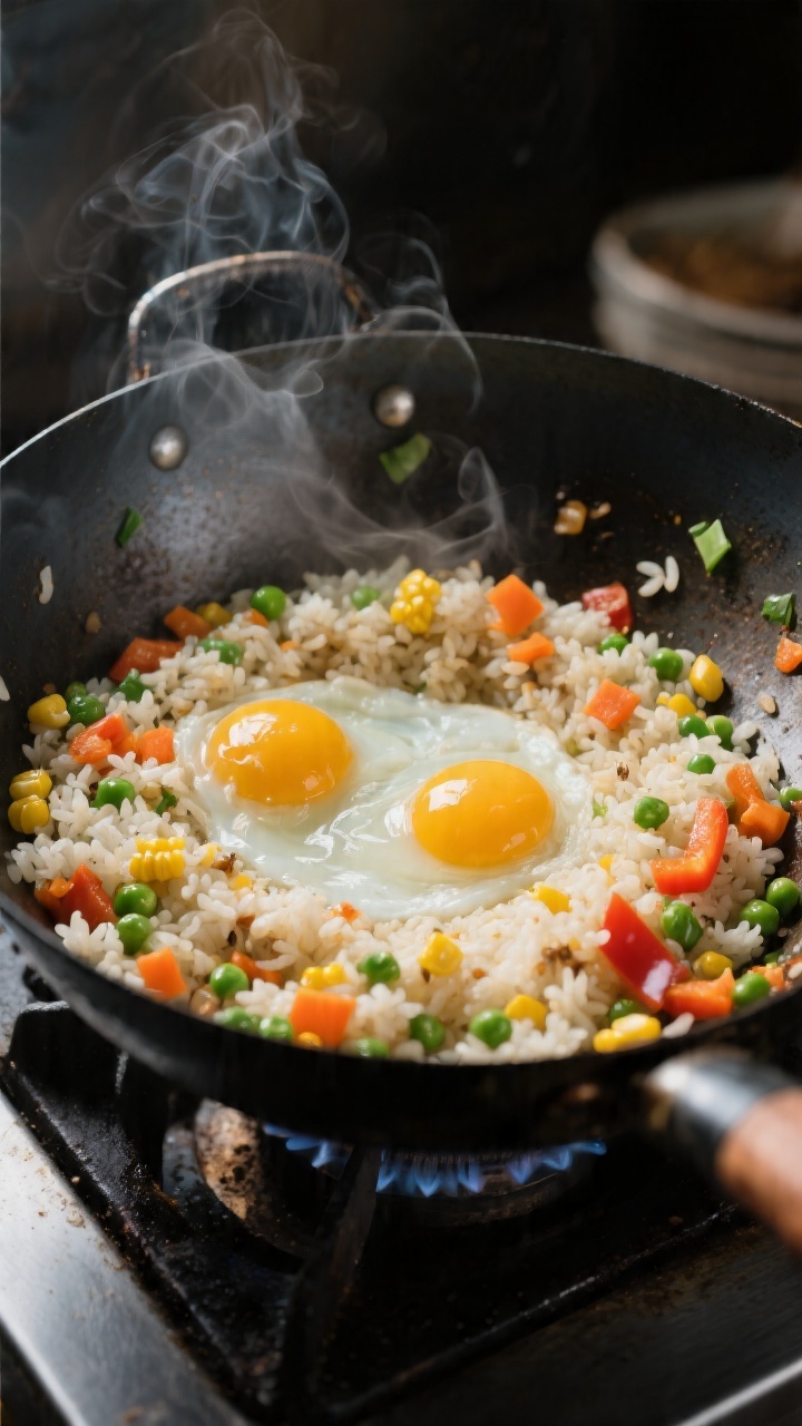 Wok-side action close-up of summer fried rice: cold leftover rice being stir-fried with chopped corn, peas, carrots, diced bell pepper, and sliced scallions; a well in the center with two eggs just scrambled in, soy-slicked grains, wisps of steam, dark carbon-steel wok on a stovetop.