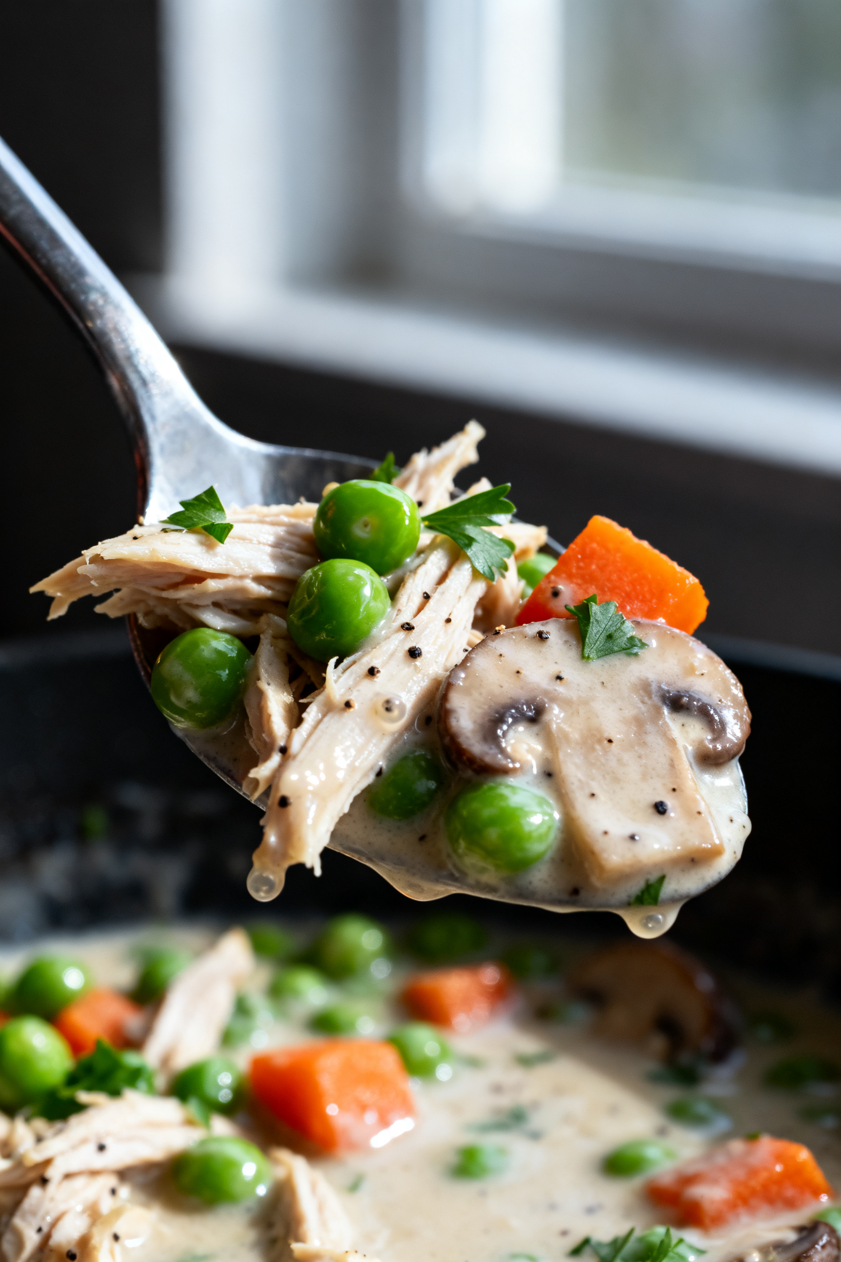 Close-up detail, comfort-food spoonful: Ultra close-up of a glossy spoonful of the finished creamy r