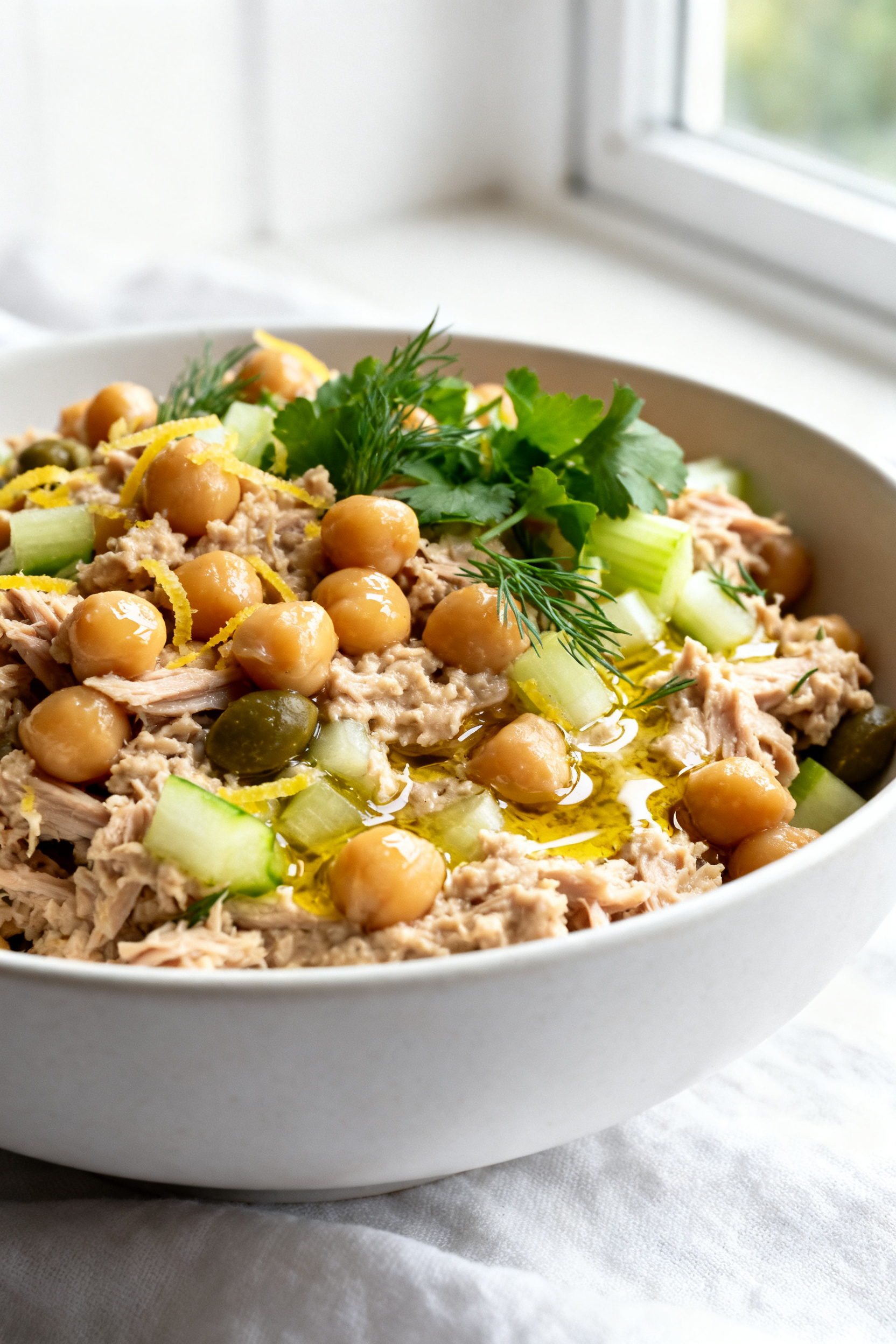 Easy Summer Meals Zero Oven Zero Stress Tonight - Simple No-Cook Dinners Close-up detail: Creamy tuna-and-chickpea protein mix freshly combined in a matte white bowl, showin