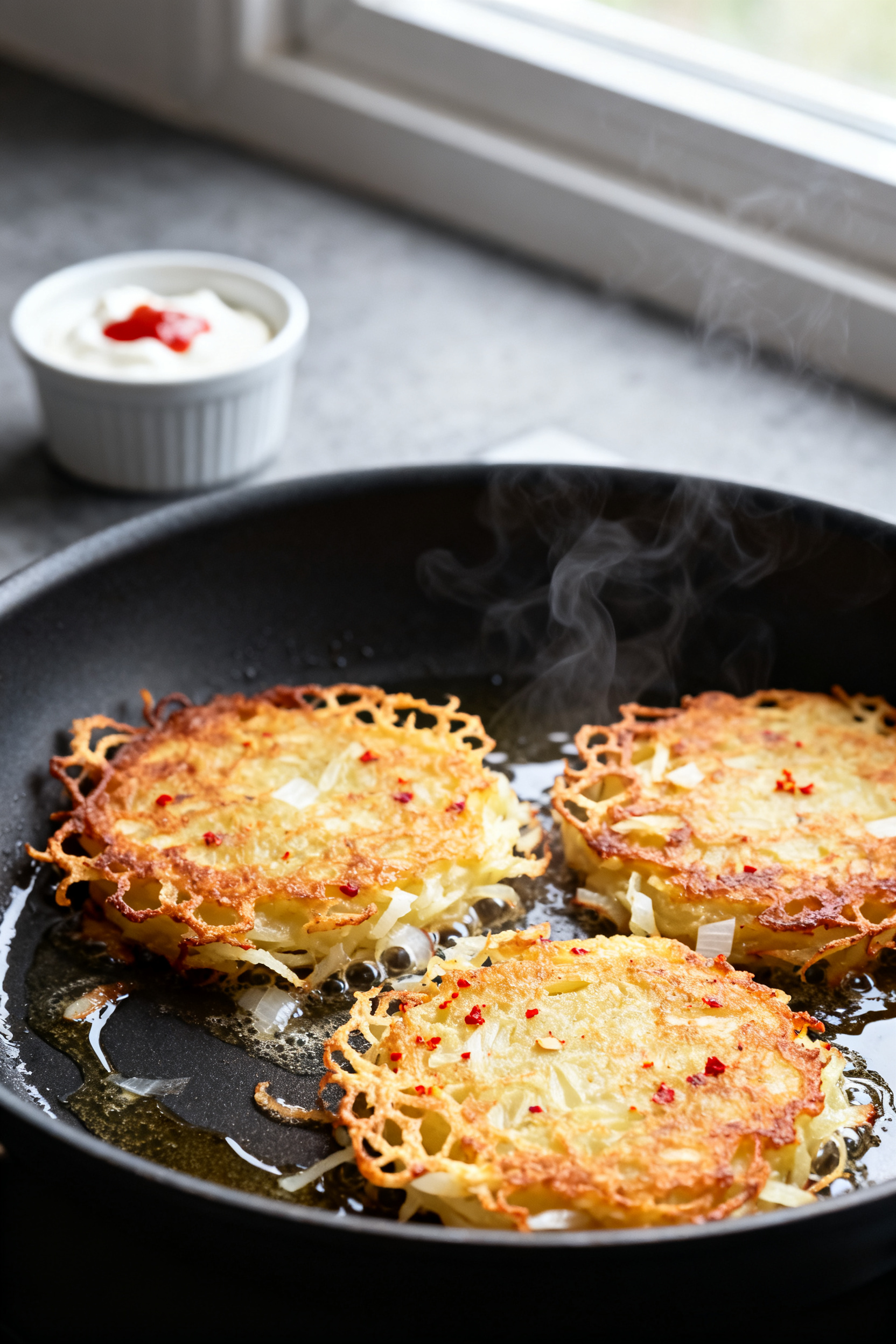 Leftover Mashed Potato Recipes — Feed 4 for Under $5 - Simple, Cozy, and Budget-Friendly Close-up detail: Crispy potato cakes sizzling in a nonstick skillet, golden-brown crusts with lacy,