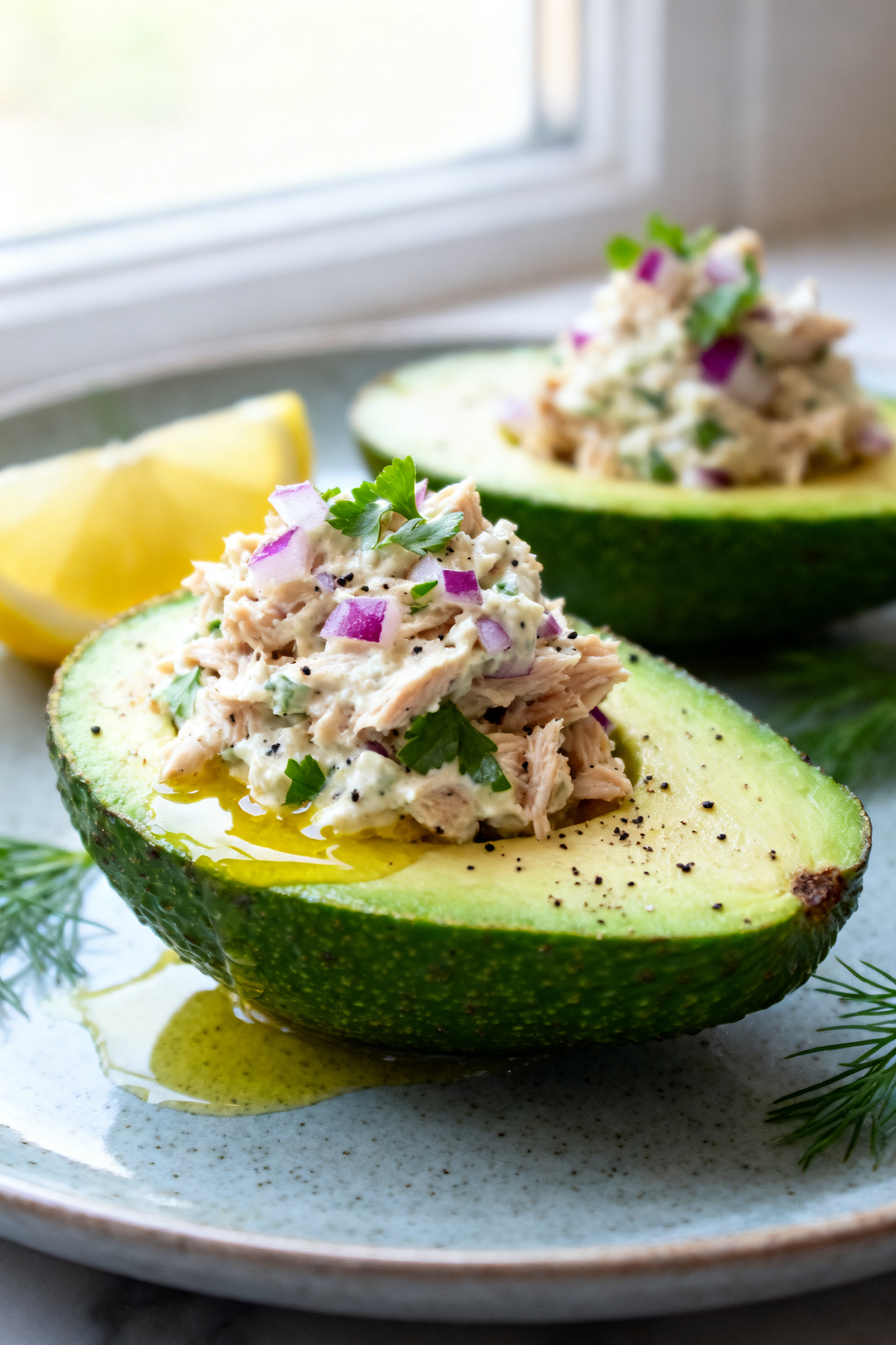 Close-up detail: Lemony tuna-stuffed avocados, the creamy tuna-yogurt filling mounded into avocado h