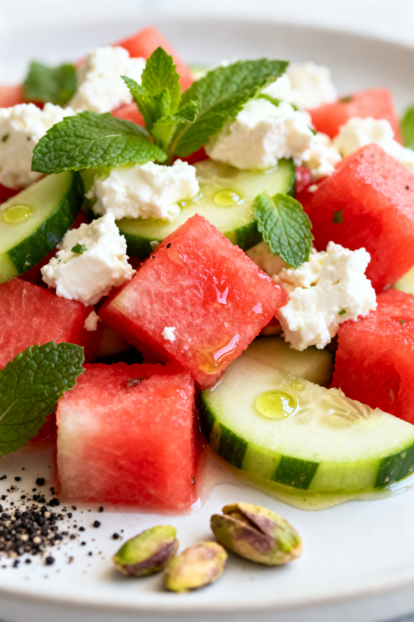 Easy Summer Meals No Cooking Required Tonight - Fresh, Fast, and Flavorful Close-up detail of a Watermelon & Feta Plate: juicy watermelon cubes and cool cucumber half-moons ne