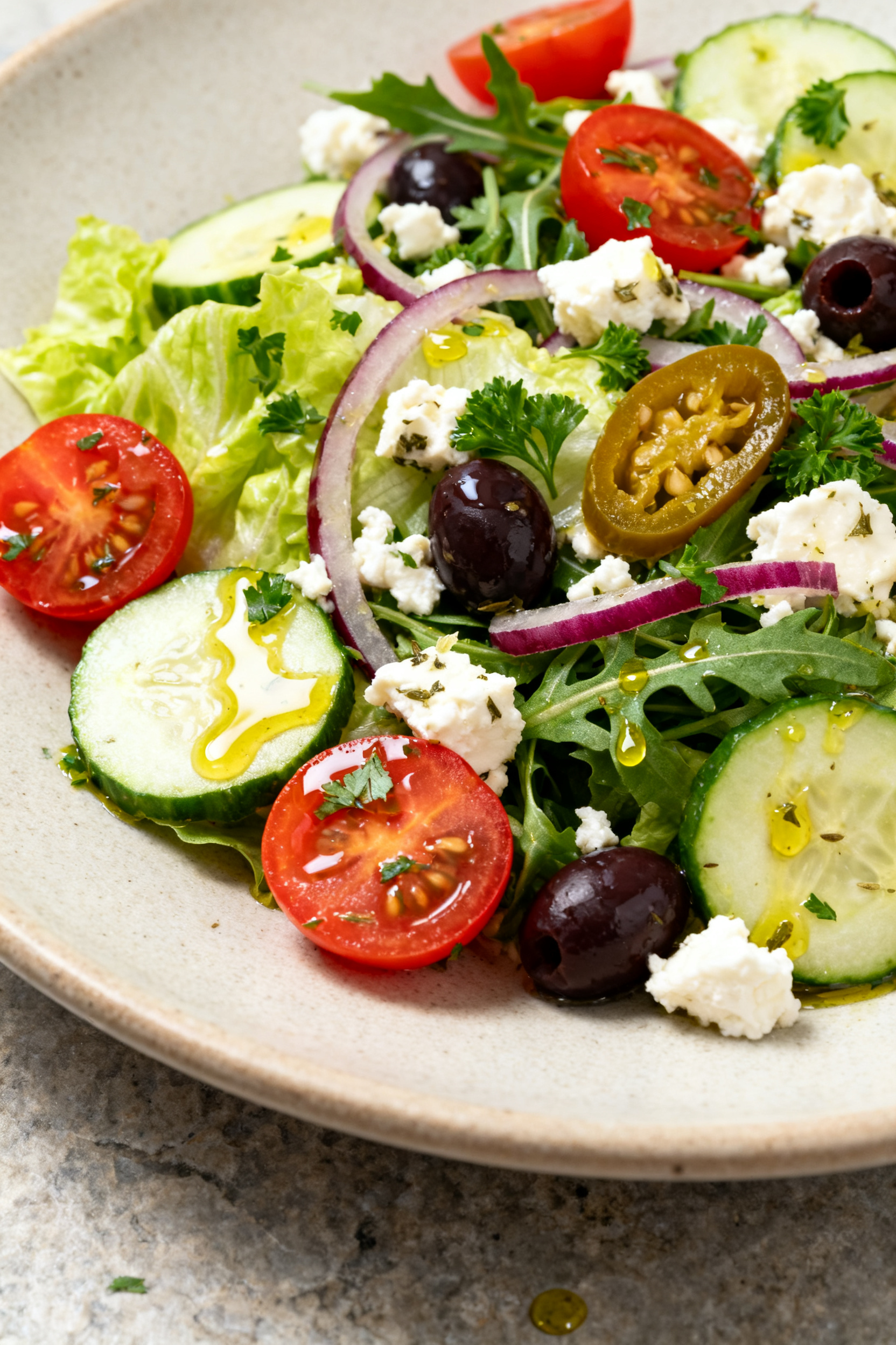 Summer Salad Recipes on Repeat All Summer Long - Fresh, Easy, Crowd-Pleasing Close-up detail of the Mediterranean Crunch variation plated: juicy cherry tomato halves and cucumbe