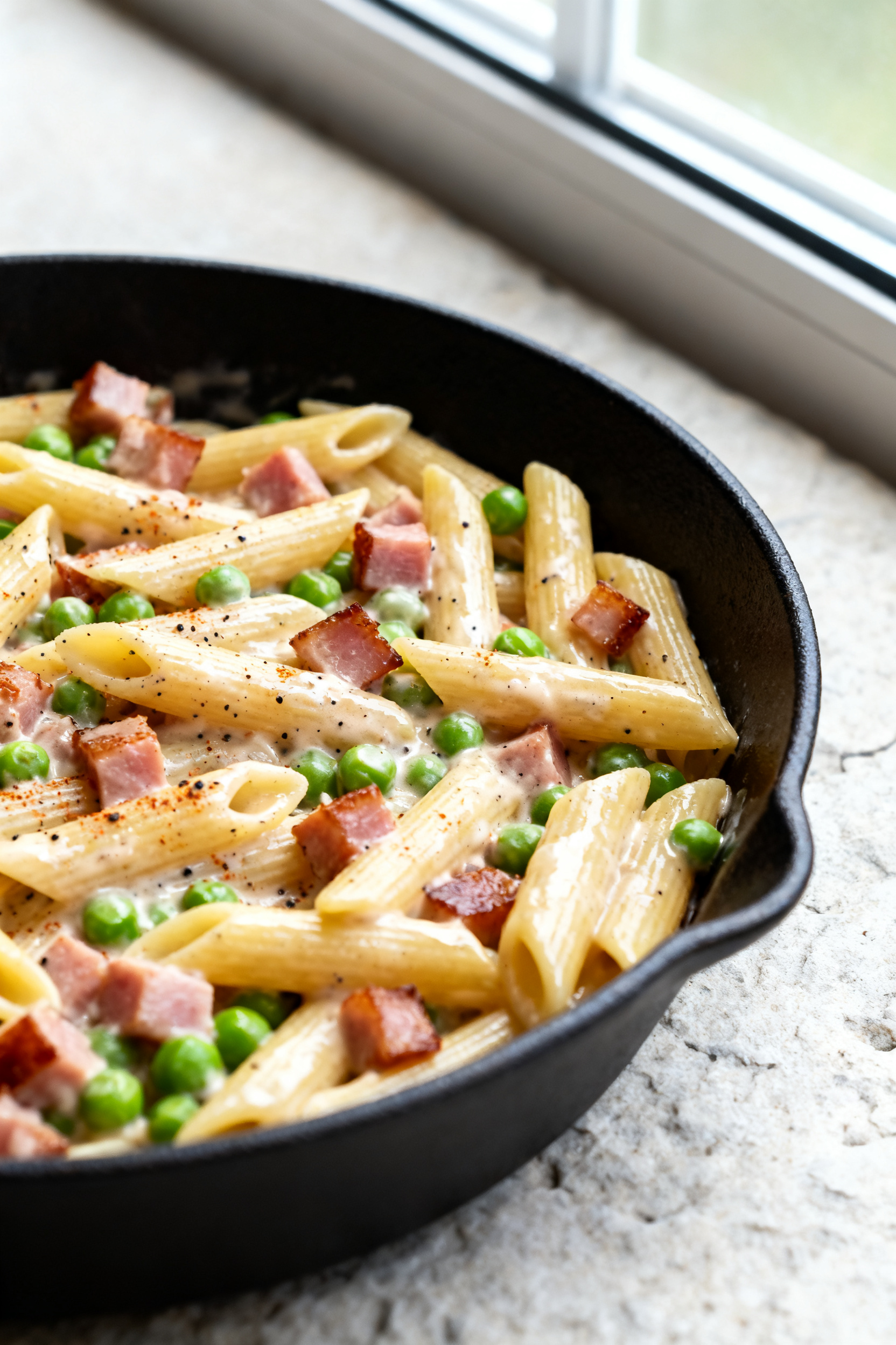 Close-up detail shot: Creamy ham-and-veg pasta in a skillet just after the cheese has melted, showin