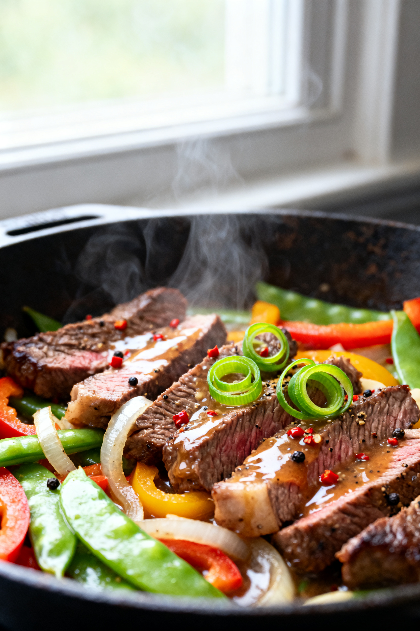 Leftover Steak Recipes — Best Day 2 Dinner Close-up detail: Sliced leftover ribeye tossed in a glossy garlic–soy–butter pan sauce with onio