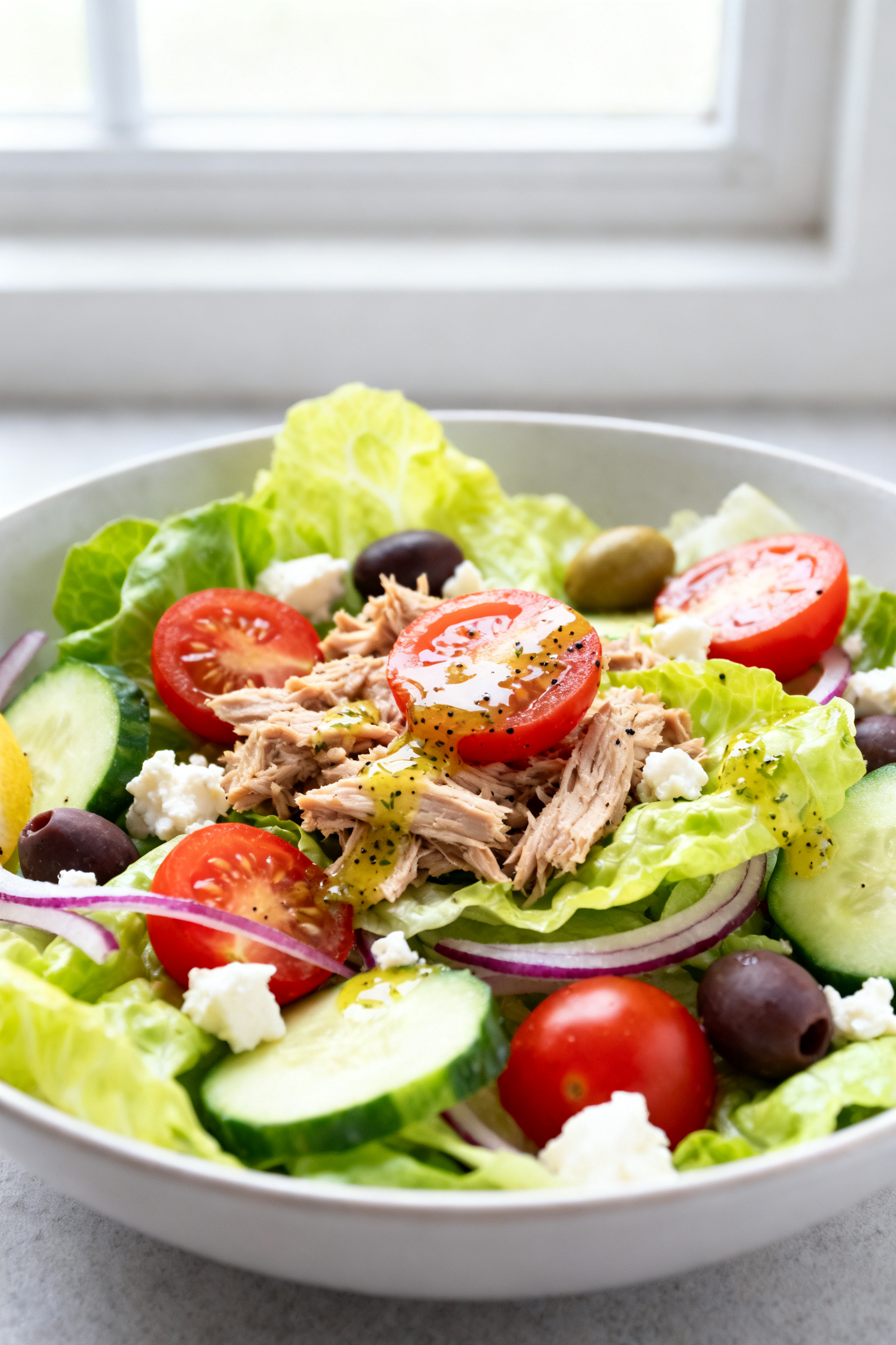 No Oven Summer Meals Ready to Eat Right Now - Fresh, Fast, and Flavorful Close-up detail: Tossed summer salad bowl mid-action, showing crisp romaine and butter lettuce layer