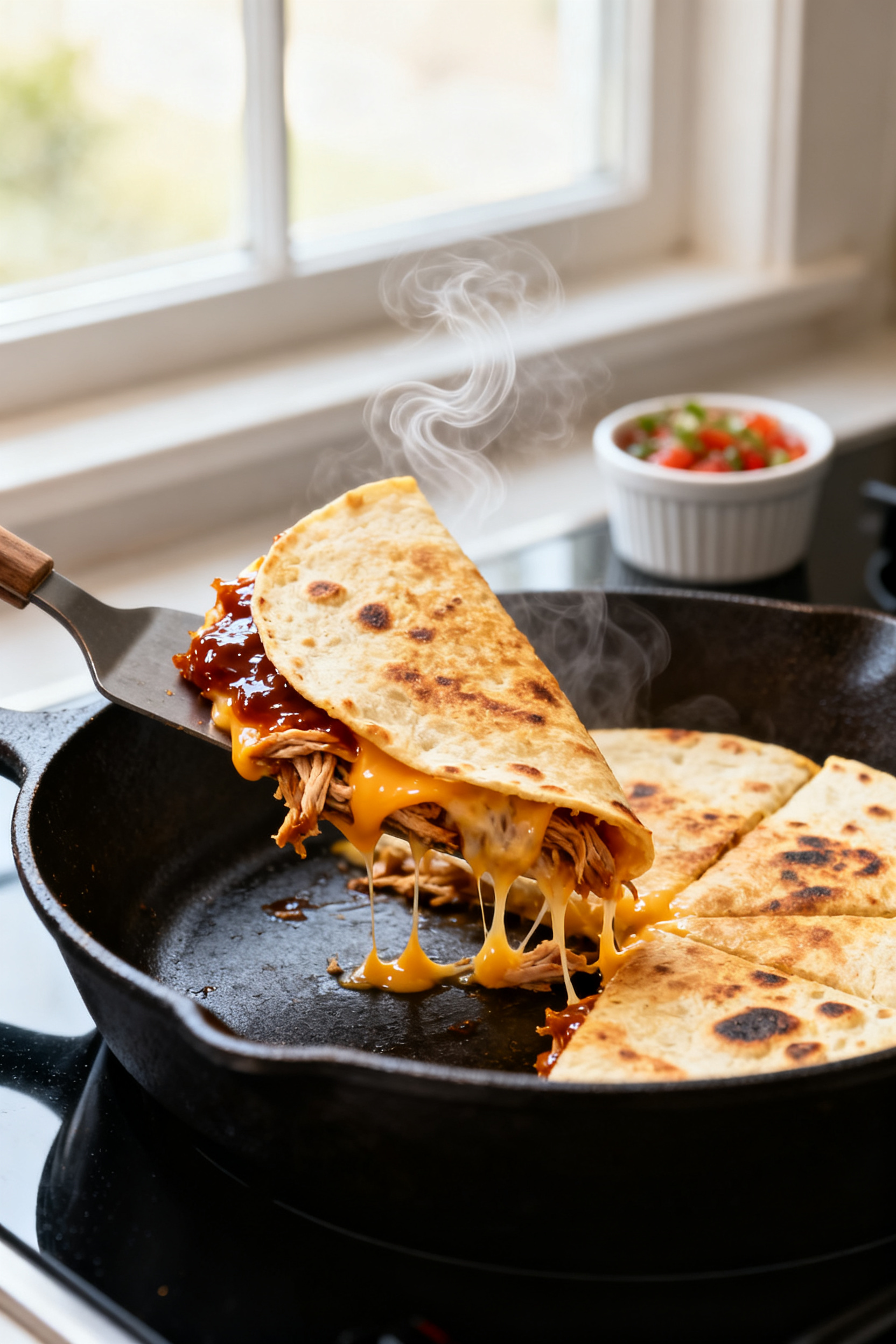 Cooking process – BBQ Chicken Quesadillas: A skillet-side close-up of a golden, bubbling quesadill