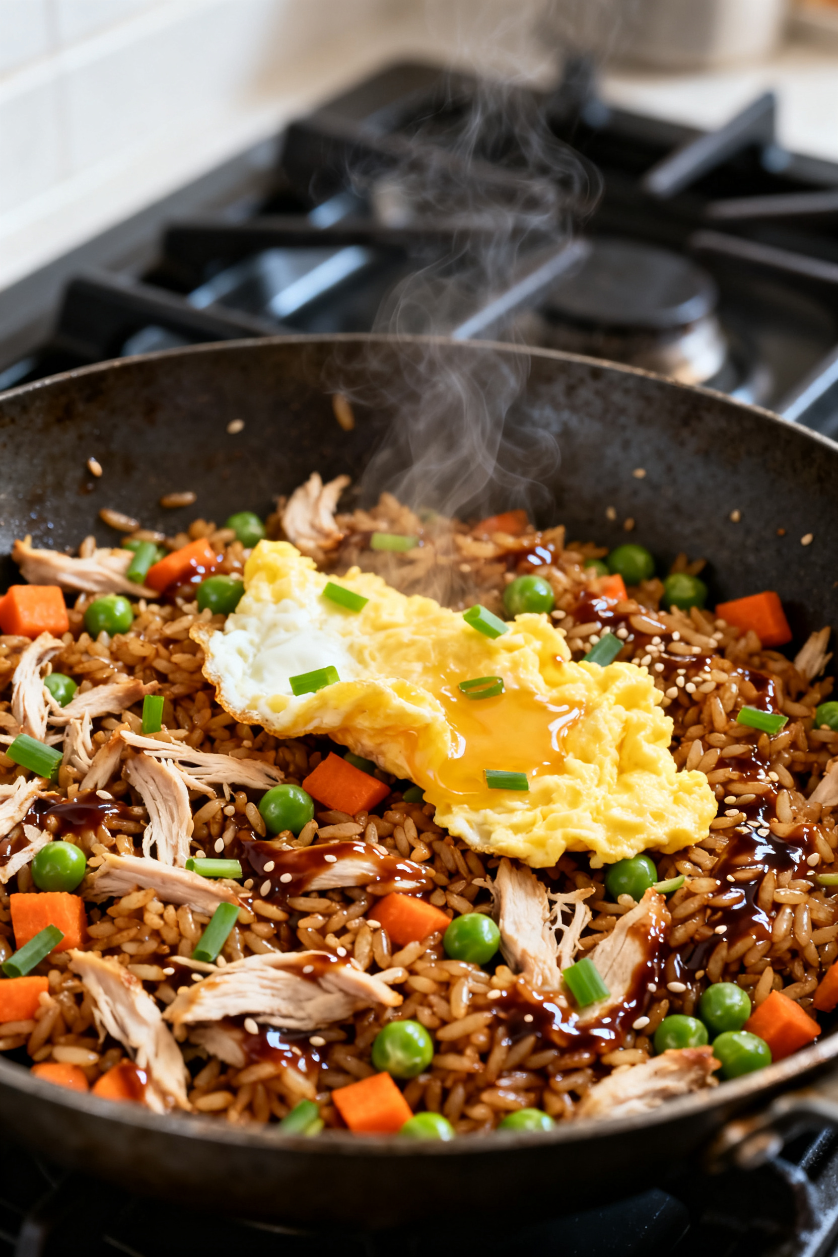 Cooking process: Chicken fried rice sizzling in a carbon-steel skillet, close-up of glossy soy-sauce