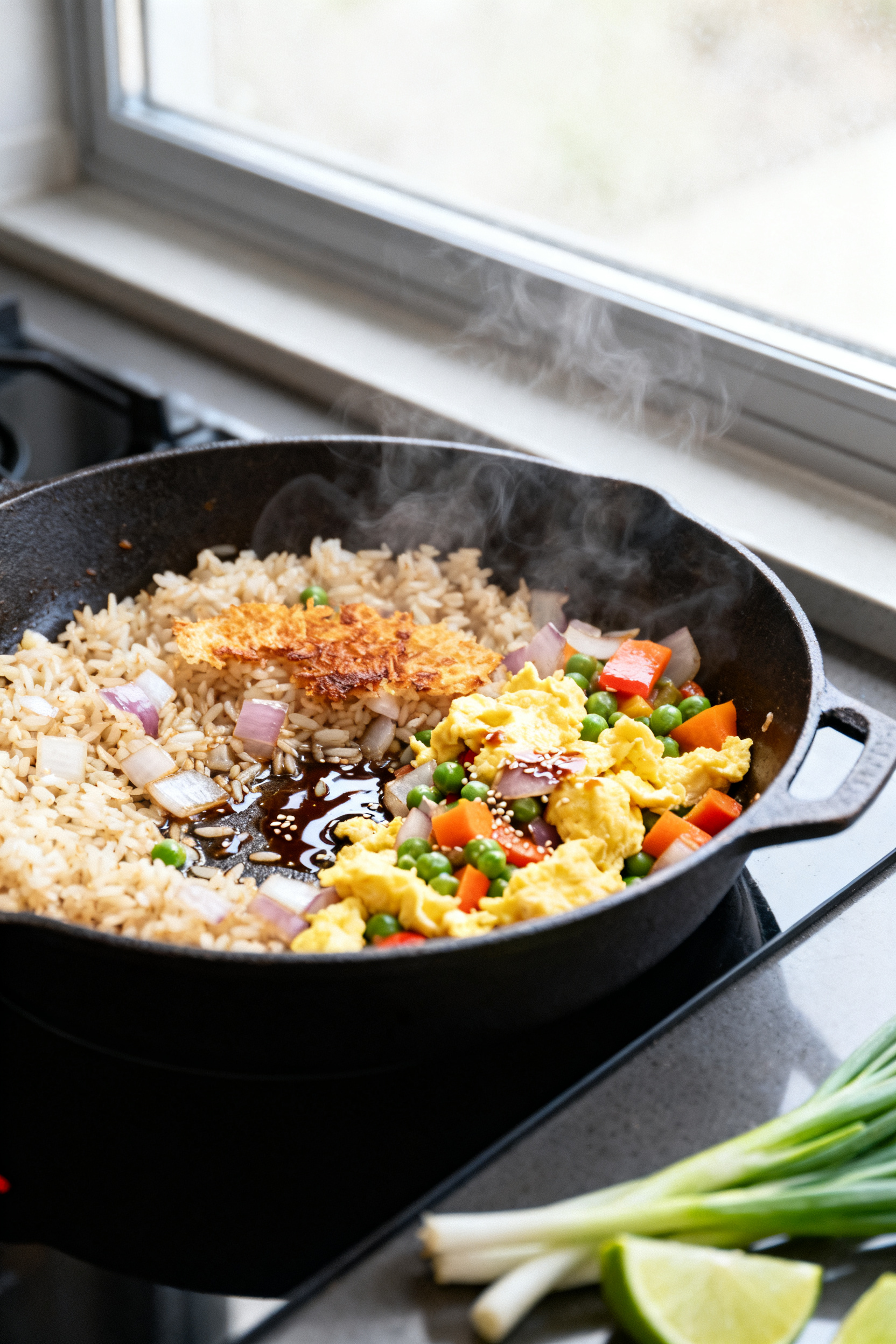 Cooking process – Classic Weeknight Fried Rice: High-heat skillet scene with day-old rice sizzling